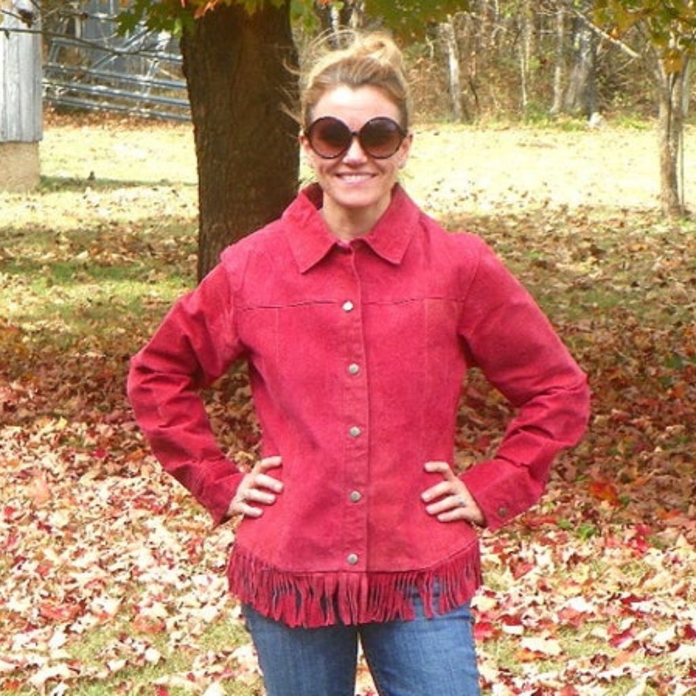 Ladies Red Leather Jacket Fringe Bottom Large